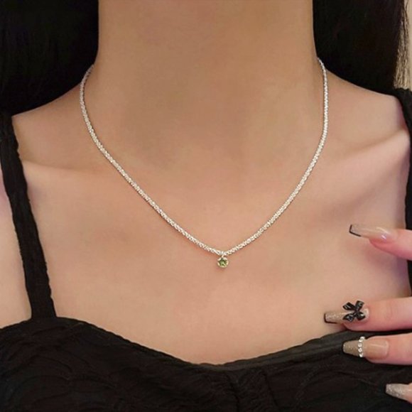 🍏50% OFF/3+...Silver Plated Necklace with Green Crystal Pendant - Picture 4 of 16